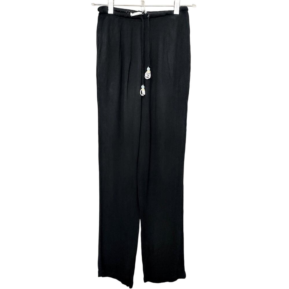 Vintage 80's Key Lime Pie Black Stretchy Straight Leg Crinkle Beaded Rayon Pants